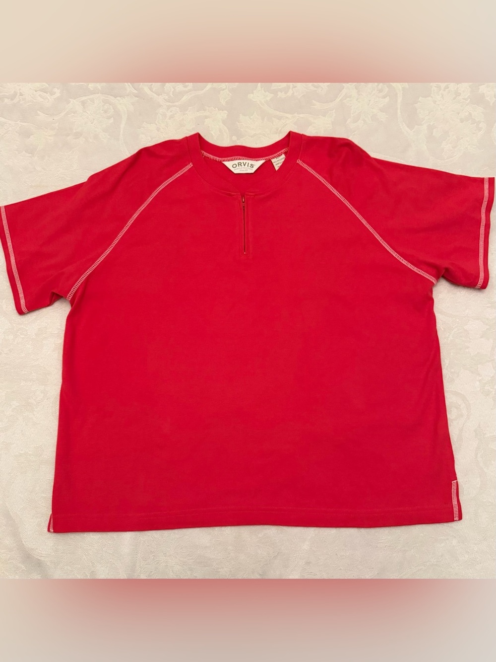 Orvis Women’s Short Sleeve Cotton Shirt 1/4 Zip Red White Stitching Size XL
